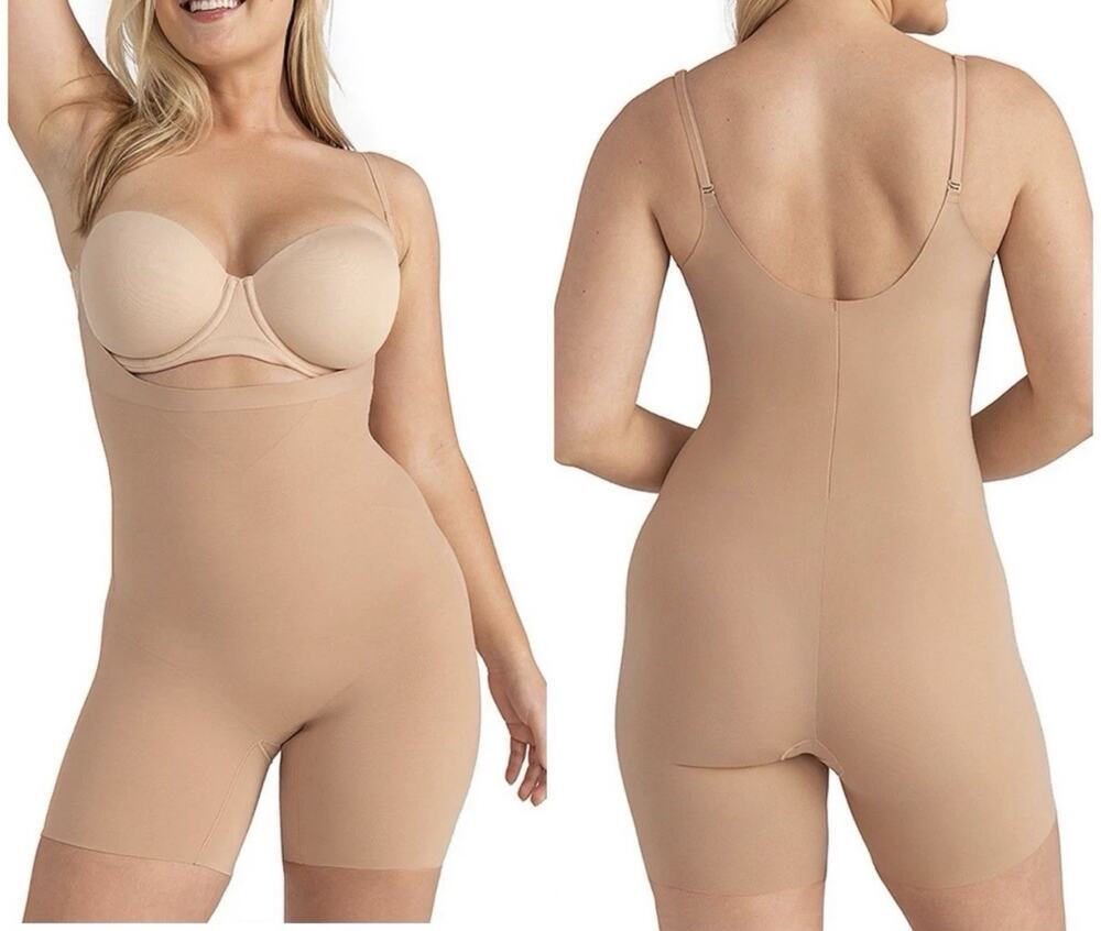 Honeylove Open Bust Mid Thigh Shapewear Nude 3X Plus Size Smoothing Bodysuit